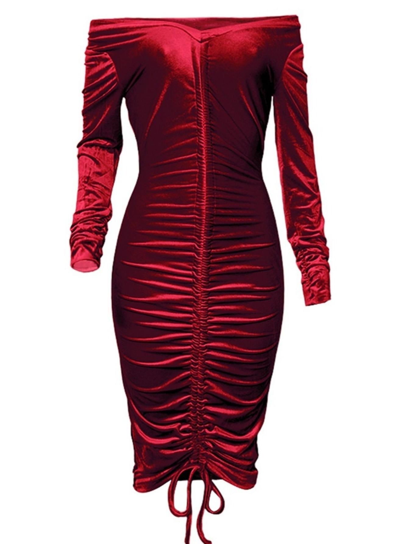 Women's Dresses V Neck Off The Shoulder Velvet Ruched Mid-length Dresses