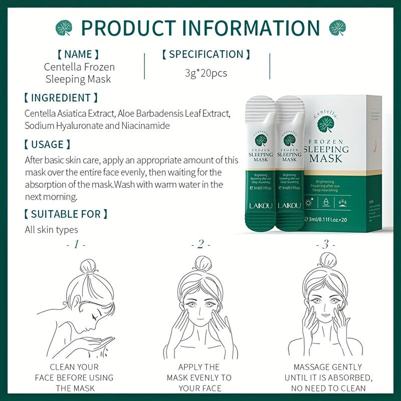 20pcs Centella Asiatica Moisturizing & Firming Sleeping Mask - Hydrating, Fragrance-Free, Hypoallergenic, Plant-Based Formula for All Light Beige Types, Unisex Adult Skincare, Skincare Routine, Sleek Packaging, Natural Ingred