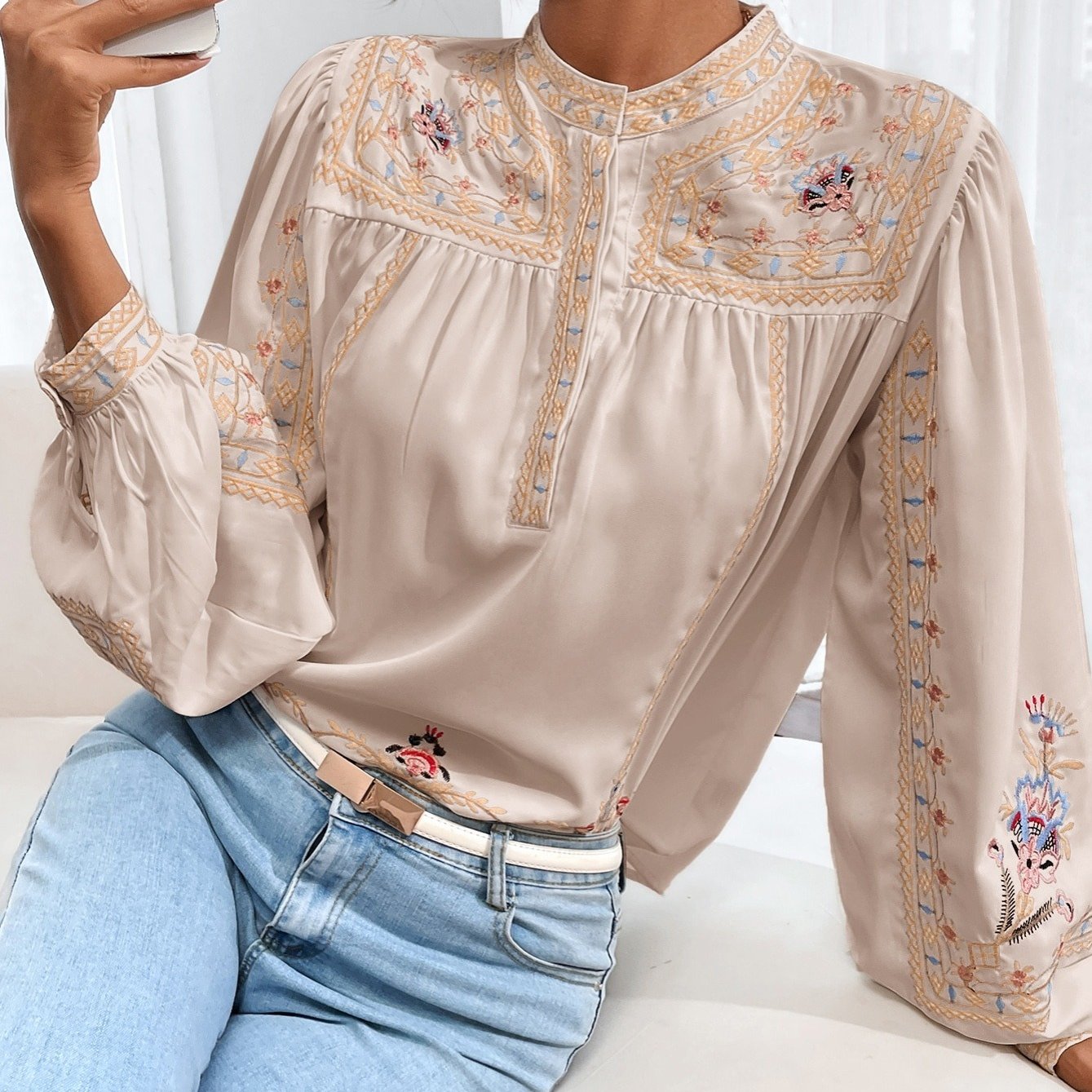 Stunning Embroidered Round Neck Long Sleeve Blouse for Women - Elegant Casual Wear with Delicate Patterns, Soft Fabric, and Comfortable Fit - Perfect for Daily Life, Work, or Special Occasions