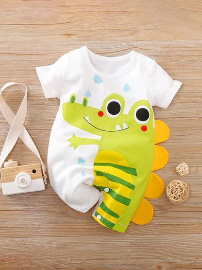 Baby Boys' Short Sleeve Romper Jumpsuit - Cute Cartoon Crocodile Print, White & Blue Trim, Breathable Summer Outfit, Easy Hand Wash Care, Regular Fit Infant Clothing, Baby Boy Outfits, Spring Infant Wear, Soft Texture Materia