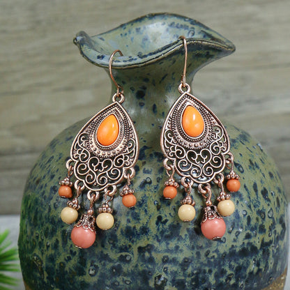 1 Pair Vintage Champagne Geometric Hollow Pendant Turquoise Beaded Tassel Earrings