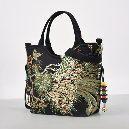 [Wo 'S Embroidered Bag] Retro Style Wo 'S Embroidered Satchel Bag, Fashion Double Handle Purse with Removable Strap