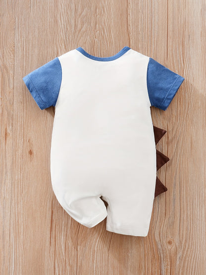 Baby Boys' Short Sleeve Romper Jumpsuit - Cute Cartoon Crocodile Print, White & Blue Trim, Breathable Summer Outfit, Easy Hand Wash Care, Regular Fit Infant Clothing, Baby Boy Outfits, Spring Infant Wear, Soft Texture Materia