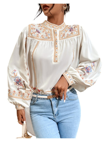 Stunning Embroidered Round Neck Long Sleeve Blouse for Women - Elegant Casual Wear with Delicate Patterns, Soft Fabric, and Comfortable Fit - Perfect for Daily Life, Work, or Special Occasions