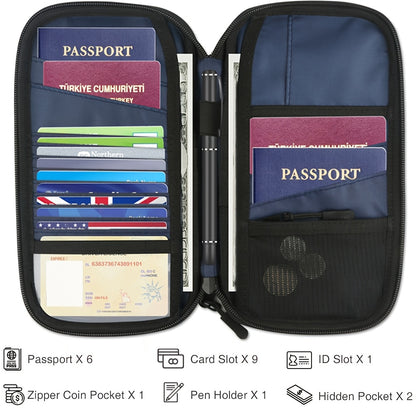 Family Passport Holder with SIM Card Slot and Pop-Up Needle, RFID Blocking Travel Passport Wallet, Ticket Document Storage Bag with Wrist Strap, Holds Up to 6 Passports and 9 Credit Cards