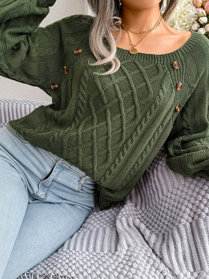 Women's Sweater Round Neck Texture Button Lantern Sleeve Sweater