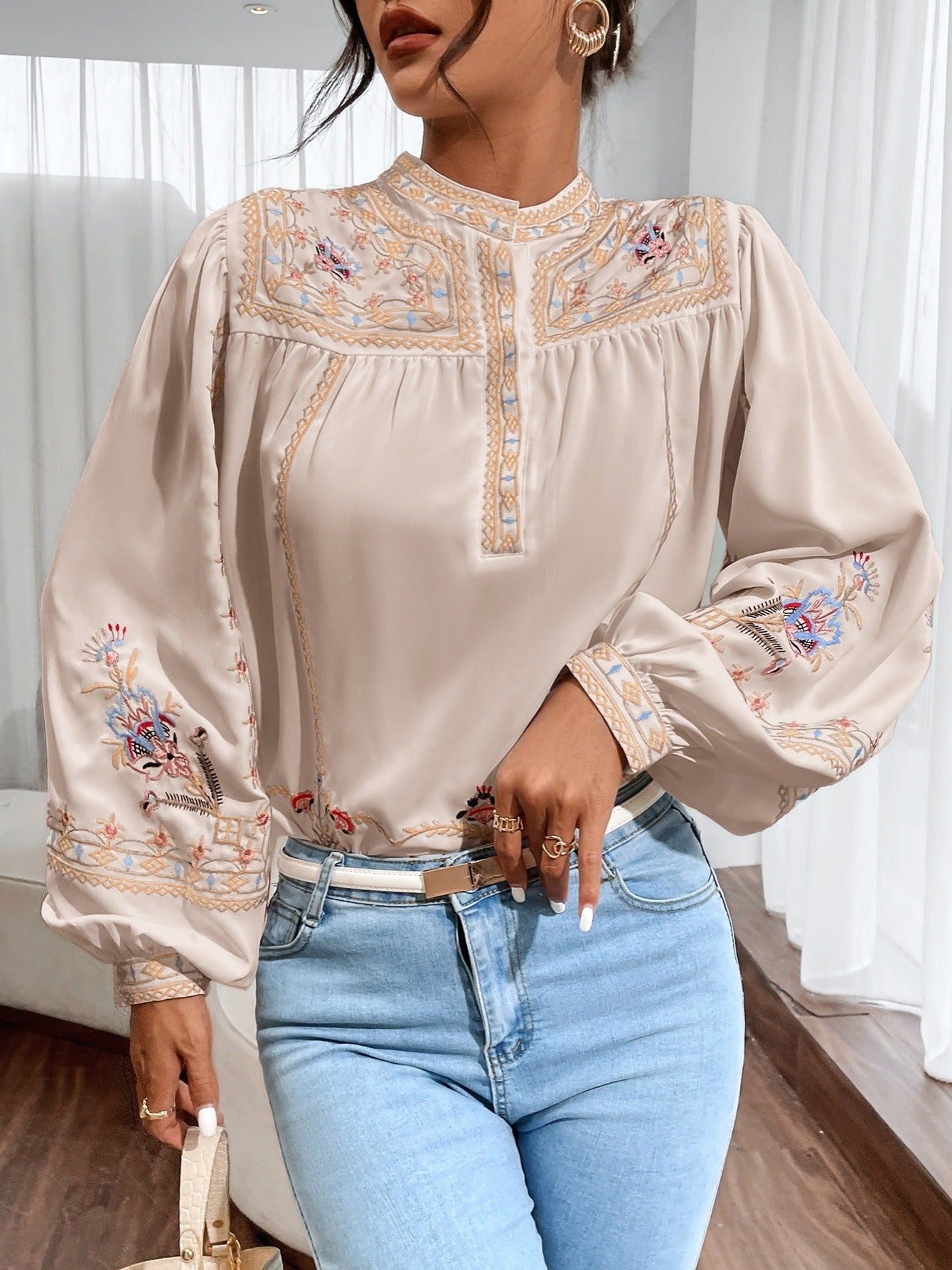 Stunning Embroidered Round Neck Long Sleeve Blouse for Women - Elegant Casual Wear with Delicate Patterns, Soft Fabric, and Comfortable Fit - Perfect for Daily Life, Work, or Special Occasions