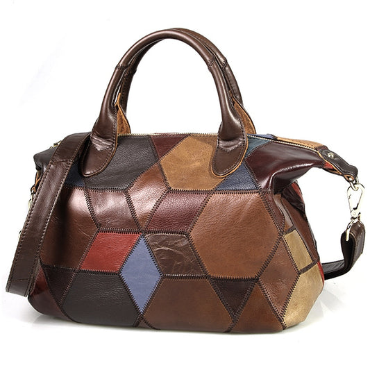Vintage Genuine Leather Handbag, Multicolor Stitching Crossbody Bag, Stylish Shoulder Purse for Women