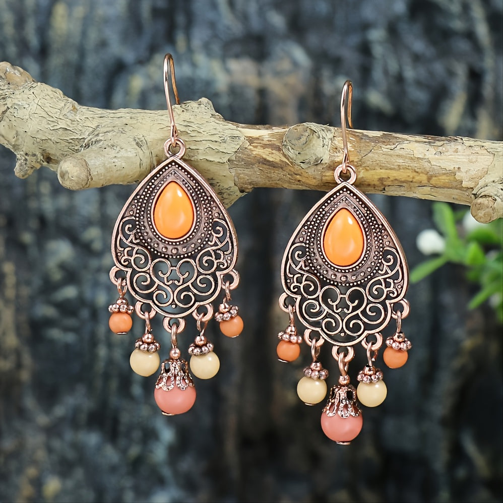 1 Pair Vintage Champagne Geometric Hollow Pendant Turquoise Beaded Tassel Earrings