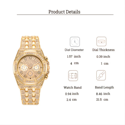 Luxury Golden-Tone Women's Rhinestone Watch with Roman Numerals, Quartz Movement, and Sparkling Bezel - Elegant Business Style Analog Display, Formal Timepiece | Classic Elegance | Durable Bracelet