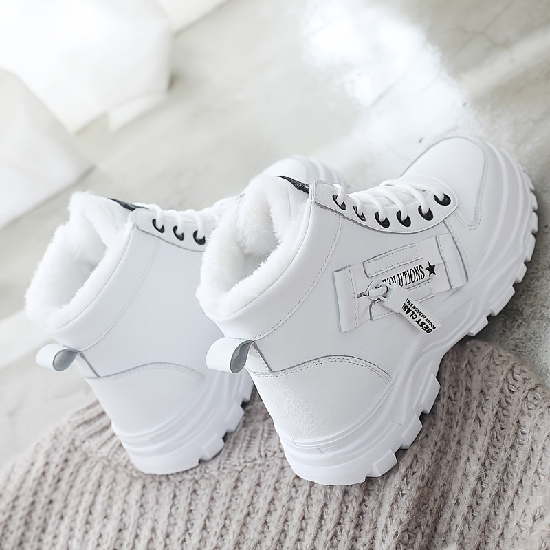 Women'S Winter High-Top Boots - Warm Fleece-Lined Ankle Boots with Thick Rubber Sole, Lace-Up Casual Style, White & Beige, Perfect for Cold Weather Comfort, Winter Boots