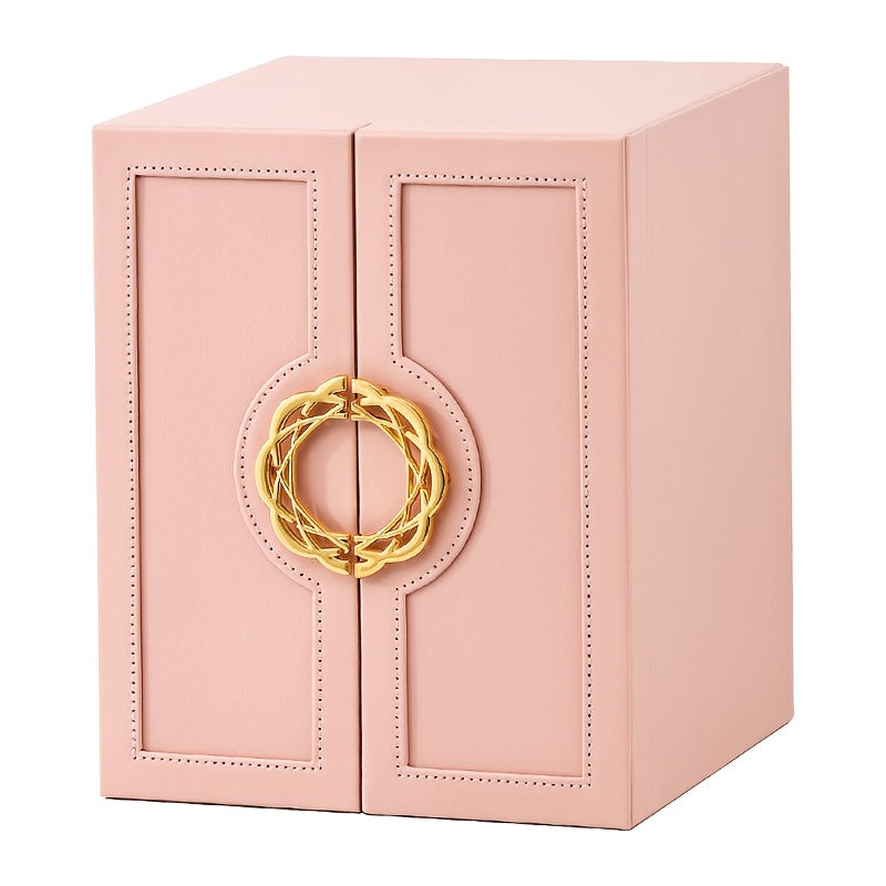 1 Large Faux Leather Jewelry Organizer Box with 5 Drawers & Golden-Tone Handles - Elegant Rectangular Storage for Rings, Necklaces, Bracelets, Earrings, Watches - Soft Fabric-Lined Interior, Side Door Access, Textured Finish