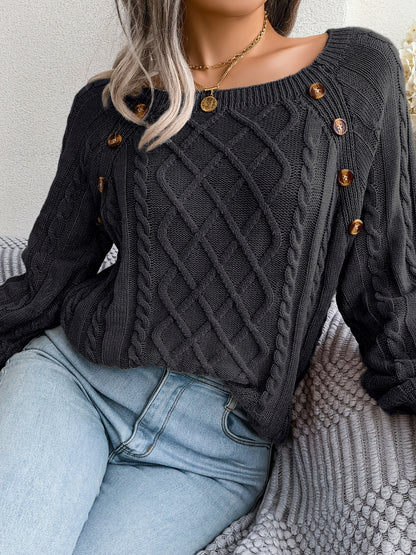 Women's Sweater Round Neck Texture Button Lantern Sleeve Sweater