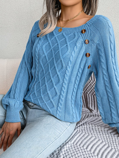 Women's Sweater Round Neck Texture Button Lantern Sleeve Sweater