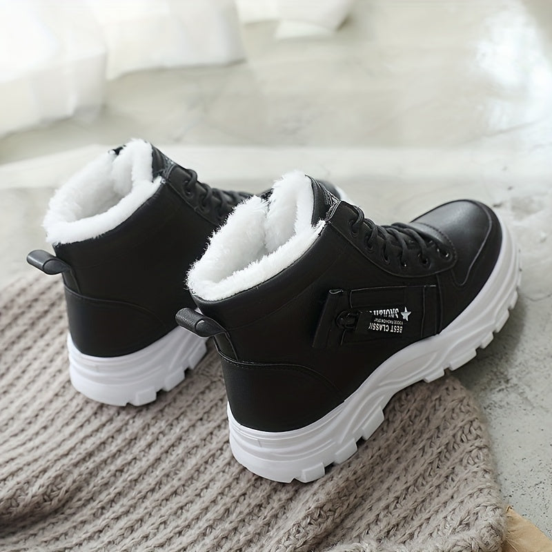 Women'S Winter High-Top Boots - Warm Fleece-Lined Ankle Boots with Thick Rubber Sole, Lace-Up Casual Style, White & Beige, Perfect for Cold Weather Comfort, Winter Boots