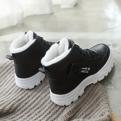 Women'S Winter High-Top Boots - Warm Fleece-Lined Ankle Boots with Thick Rubber Sole, Lace-Up Casual Style, White & Beige, Perfect for Cold Weather Comfort, Winter Boots