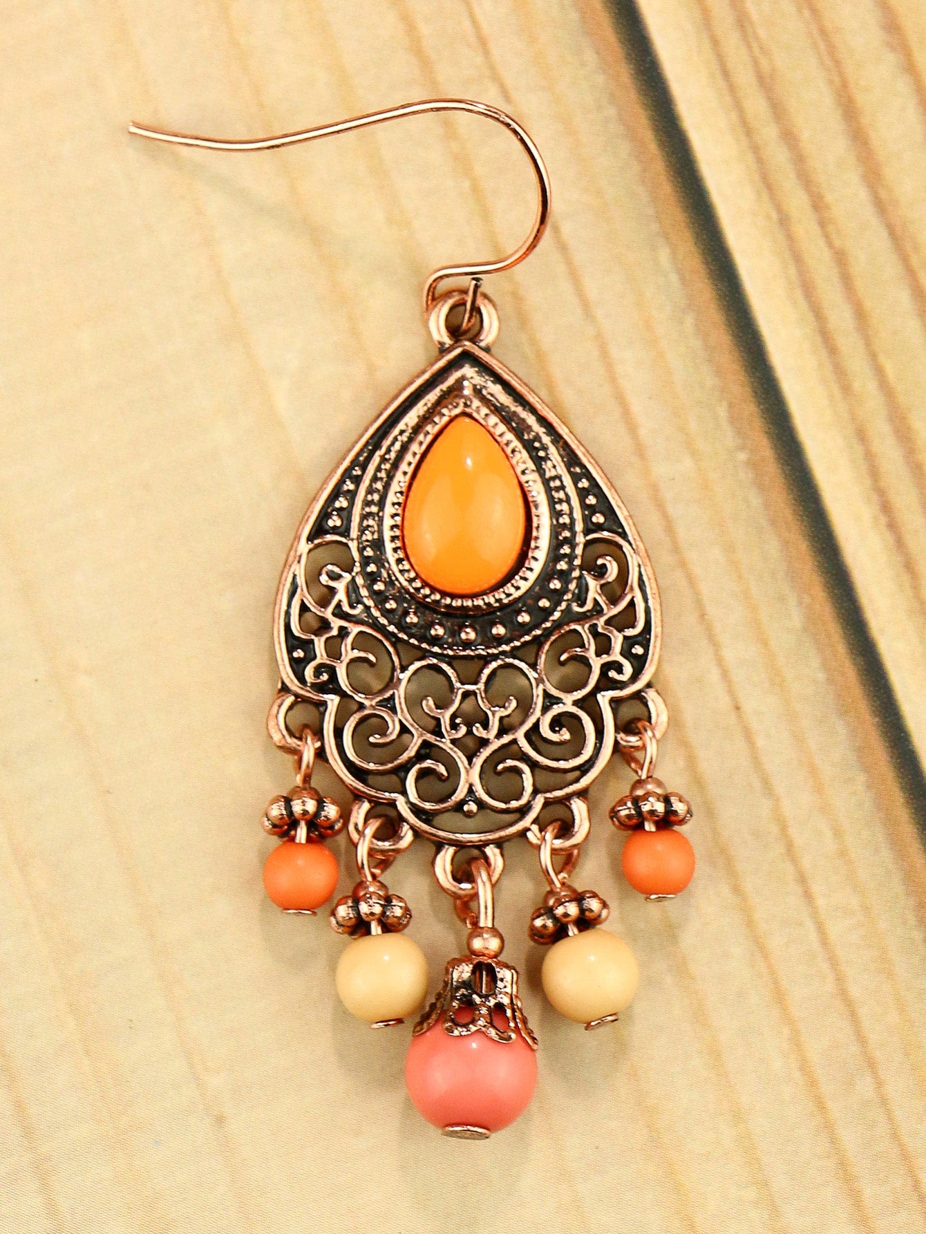 1 Pair Vintage Champagne Geometric Hollow Pendant Turquoise Beaded Tassel Earrings