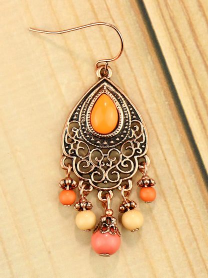 1 Pair Vintage Champagne Geometric Hollow Pendant Turquoise Beaded Tassel Earrings