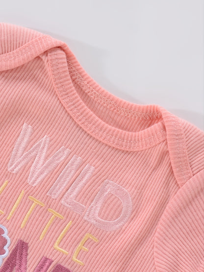 Newborn Baby Short Sleeve One-Piece Suit 4pcs Set with Alphabet Print and Embroidery Triangle Climbing Suit Ha Clothes Set 0-9 Months Baby Clothes