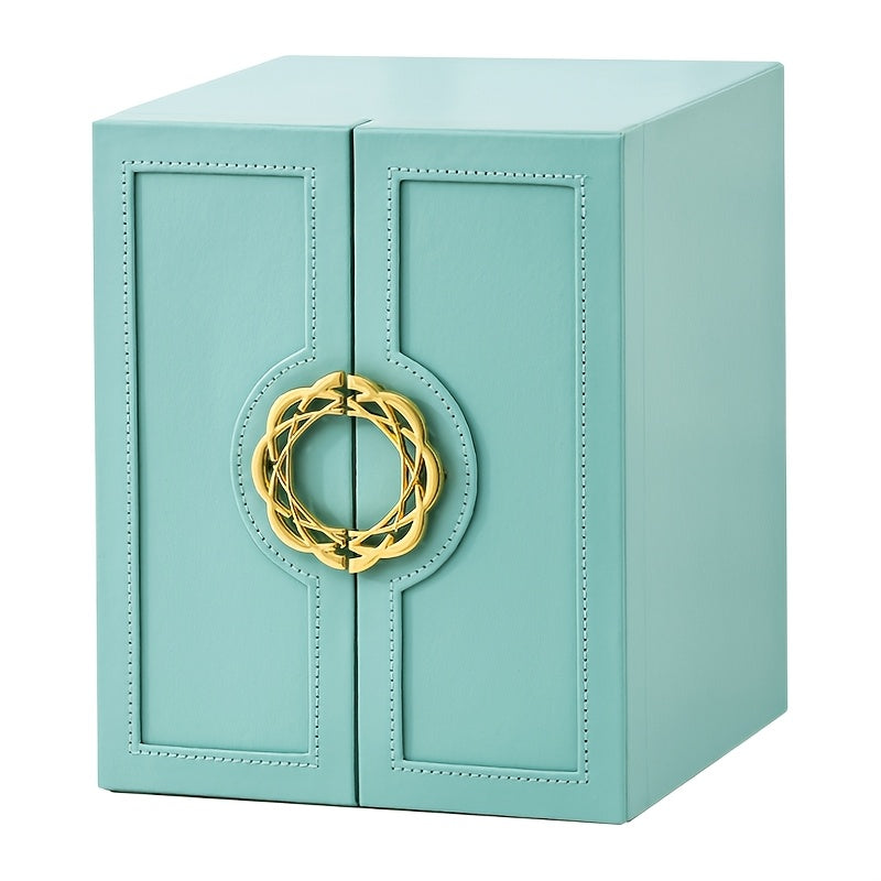 1 Large Faux Leather Jewelry Organizer Box with 5 Drawers & Golden-Tone Handles - Elegant Rectangular Storage for Rings, Necklaces, Bracelets, Earrings, Watches - Soft Fabric-Lined Interior, Side Door Access, Textured Finish