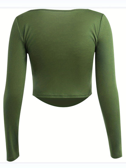 Solid Square Neck Crop T-Shirt, Y2K Long Sleeve Skinny Tee For Spring & Summer, Women's Clothing