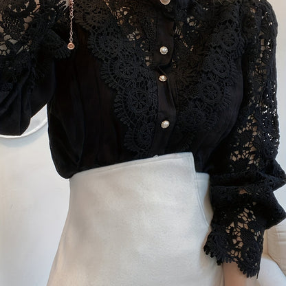 Ladies' Victorian-style Pearl Button Shirt, Lace Puff Sleeve Cute Commuter Casual Top