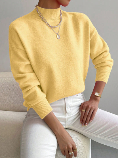 Women's Pullover Sweater Casual Solid Color Mid-high Neck Long-sleeved Knitted Tops Clothing