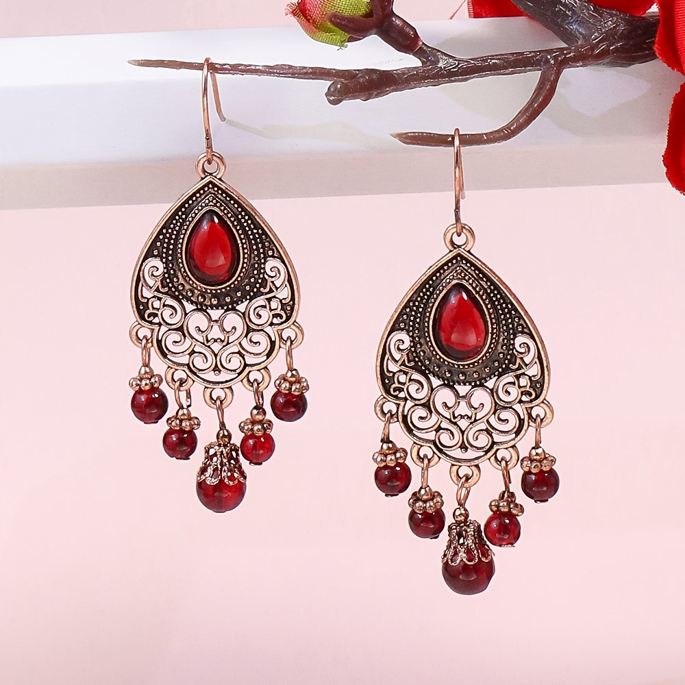 1 Pair Vintage Champagne Geometric Hollow Pendant Turquoise Beaded Tassel Earrings