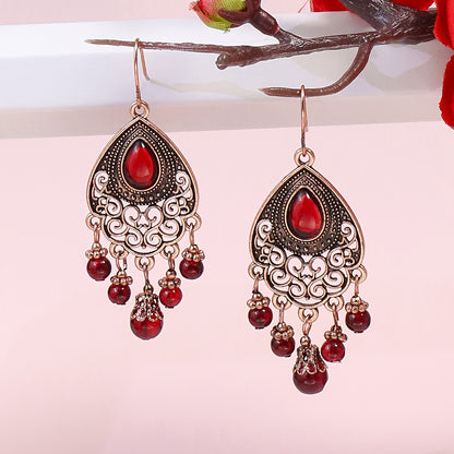 1 Pair Vintage Champagne Geometric Hollow Pendant Turquoise Beaded Tassel Earrings