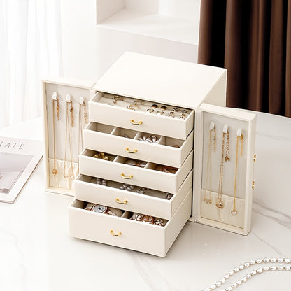 1 Large Faux Leather Jewelry Organizer Box with 5 Drawers & Golden-Tone Handles - Elegant Rectangular Storage for Rings, Necklaces, Bracelets, Earrings, Watches - Soft Fabric-Lined Interior, Side Door Access, Textured Finish