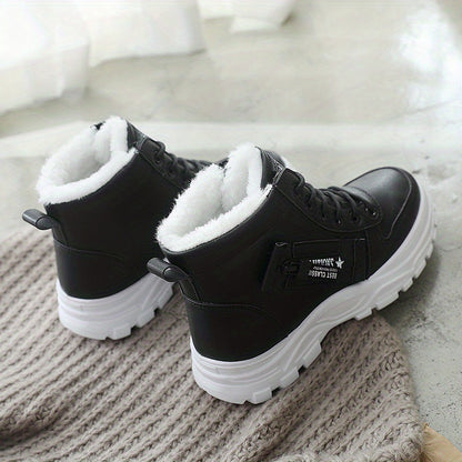 Women'S Winter High-Top Boots - Warm Fleece-Lined Ankle Boots with Thick Rubber Sole, Lace-Up Casual Style, White & Beige, Perfect for Cold Weather Comfort, Winter Boots
