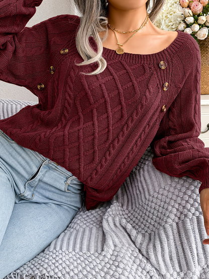 Women's Sweater Round Neck Texture Button Lantern Sleeve Sweater