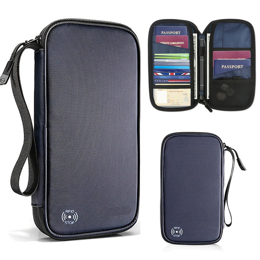 Family Passport Holder with SIM Card Slot and Pop-Up Needle, RFID Blocking Travel Passport Wallet, Ticket Document Storage Bag with Wrist Strap, Holds Up to 6 Passports and 9 Credit Cards