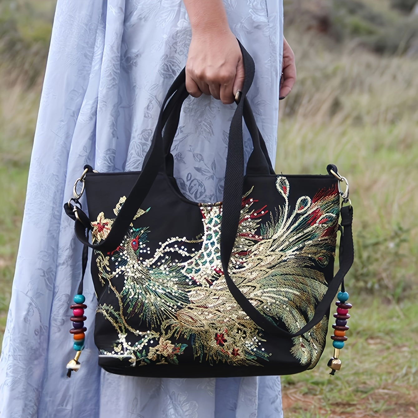[Wo 'S Embroidered Bag] Retro Style Wo 'S Embroidered Satchel Bag, Fashion Double Handle Purse with Removable Strap