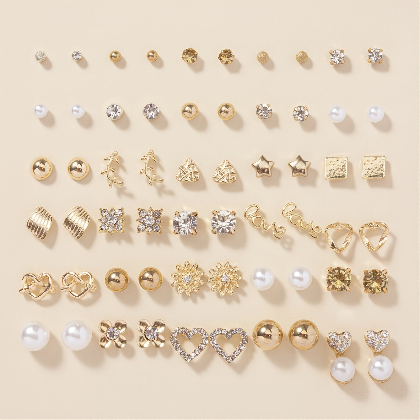 A Set of 30 Pairs of Stylish Alloy Heart-Shaped Faux Gemstone Letter Earrings.
