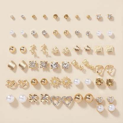 A Set of 30 Pairs of Stylish Alloy Heart-Shaped Faux Gemstone Letter Earrings.