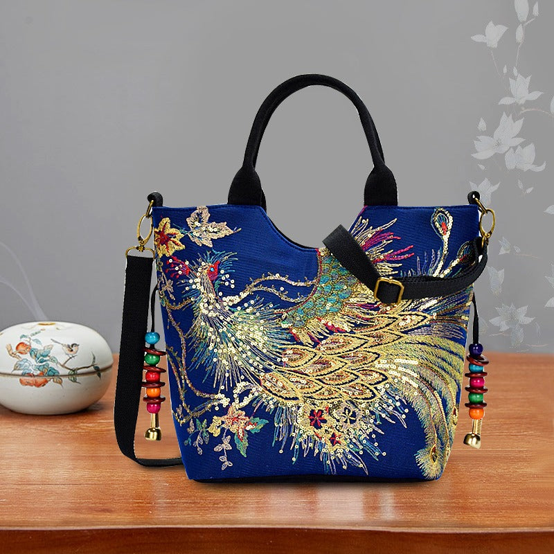 [Wo 'S Embroidered Bag] Retro Style Wo 'S Embroidered Satchel Bag, Fashion Double Handle Purse with Removable Strap