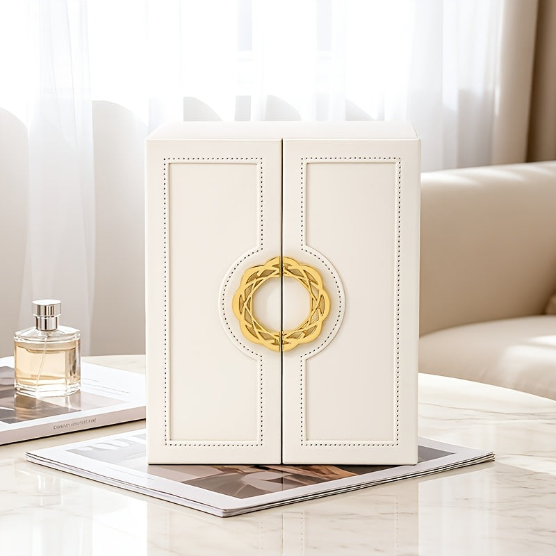 1 Large Faux Leather Jewelry Organizer Box with 5 Drawers & Golden-Tone Handles - Elegant Rectangular Storage for Rings, Necklaces, Bracelets, Earrings, Watches - Soft Fabric-Lined Interior, Side Door Access, Textured Finish
