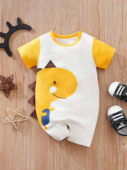 Baby Boys' Short Sleeve Romper Jumpsuit - Cute Cartoon Crocodile Print, White & Blue Trim, Breathable Summer Outfit, Easy Hand Wash Care, Regular Fit Infant Clothing, Baby Boy Outfits, Spring Infant Wear, Soft Texture Materia