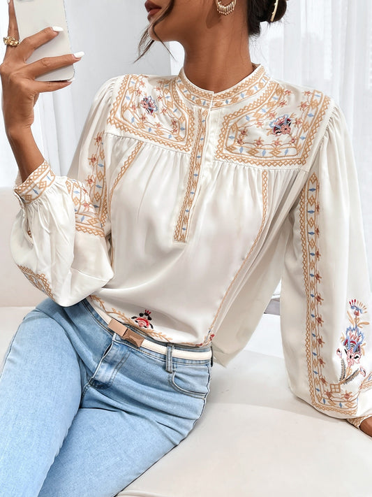 Stunning Embroidered Round Neck Long Sleeve Blouse for Women - Elegant Casual Wear with Delicate Patterns, Soft Fabric, and Comfortable Fit - Perfect for Daily Life, Work, or Special Occasions
