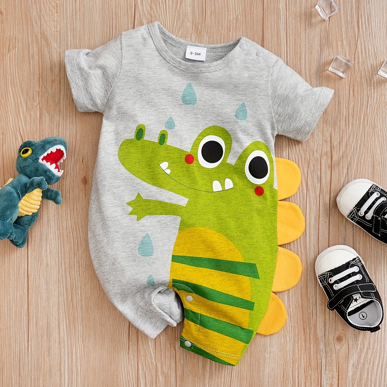 Baby Boys' Short Sleeve Romper Jumpsuit - Cute Cartoon Crocodile Print, White & Blue Trim, Breathable Summer Outfit, Easy Hand Wash Care, Regular Fit Infant Clothing, Baby Boy Outfits, Spring Infant Wear, Soft Texture Materia