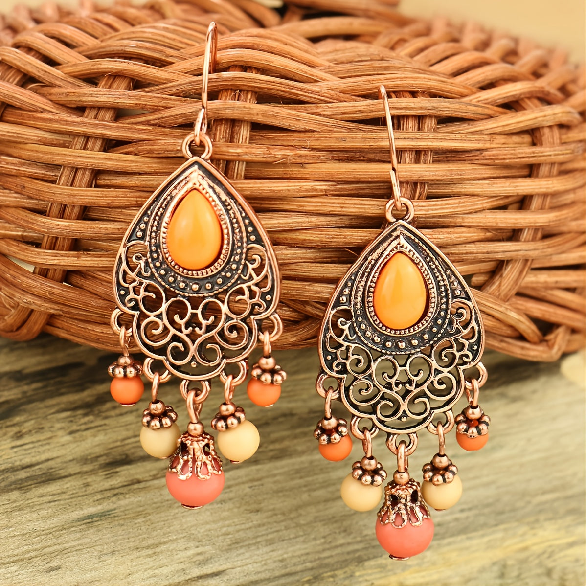 1 Pair Vintage Champagne Geometric Hollow Pendant Turquoise Beaded Tassel Earrings
