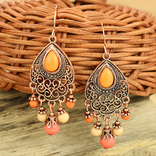 1 Pair Vintage Champagne Geometric Hollow Pendant Turquoise Beaded Tassel Earrings