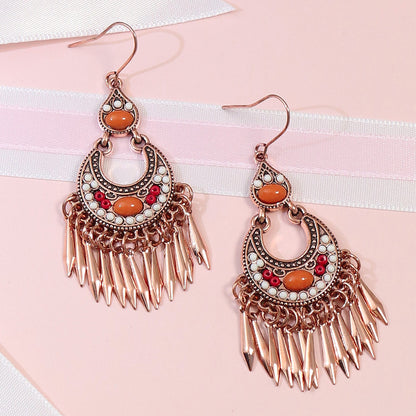 1 Pair Vintage Champagne Geometric Hollow Pendant Turquoise Beaded Tassel Earrings