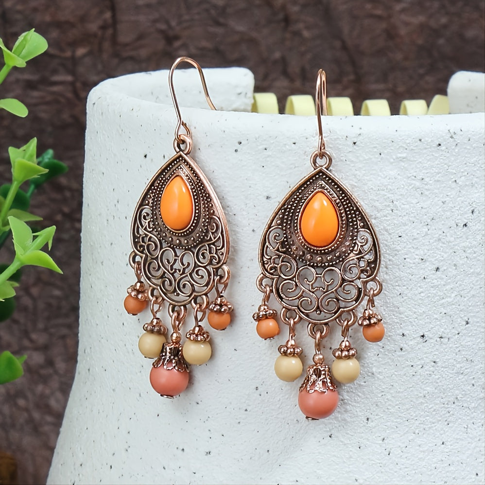 1 Pair Vintage Champagne Geometric Hollow Pendant Turquoise Beaded Tassel Earrings