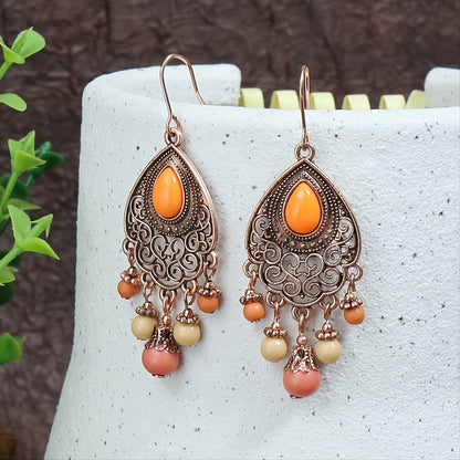 1 Pair Vintage Champagne Geometric Hollow Pendant Turquoise Beaded Tassel Earrings