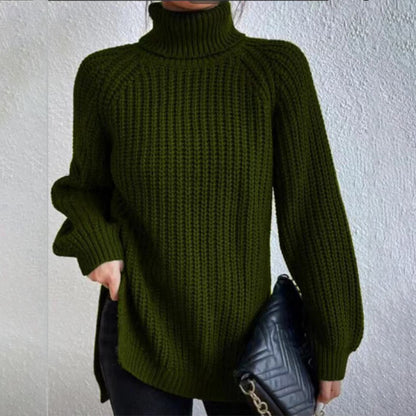 Turtleneck Pullover Sweater With Split Design Fashion Simple Solid Color Long Sleeve Tops Women's Clothing