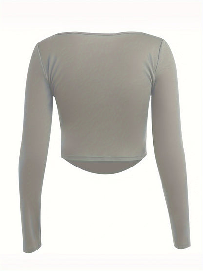 Solid Square Neck Crop T-Shirt, Y2K Long Sleeve Skinny Tee For Spring & Summer, Women's Clothing
