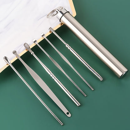6pcs Stainless Steel Ear Cleaning Tool Set, Hypoallergenic Ear Spoons, Unisex Adult Ear Pick Kit for Daily Skin Care, Spiral Ear Wax Removal Accessories