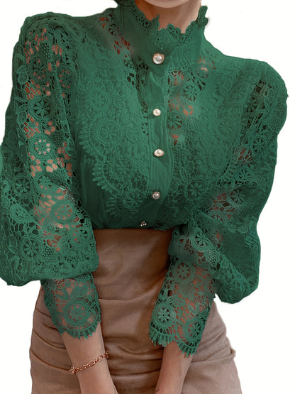 Ladies' Victorian-style Pearl Button Shirt, Lace Puff Sleeve Cute Commuter Casual Top